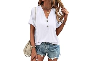 VEUNCOS Damen Casual Kurzarm T Shirt Sommer Knopfleiste V Ausschintt Oberteile Lockere Shirt Blusen