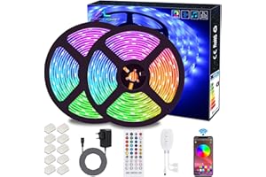 Ruban LED Bluetooth, ALED LIGHT Bande LED 2x5M(10M) 5050 RGB, Contrôlé par APP du Smartphone Android et IOS, avec Récepteur Bluetooth, Alimentation 12V, Télécommande IR, pour Décoration Chambre Noël