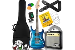 Pyle Chitarra Elettrica con Amplificatore, Strumento a Grandezza Naturale con Pickup Humbucker, Pacchetto per Principianti con Amplificatore, Custodia, Tracolla, Accordatore, Plettro, Tremolo, Blu