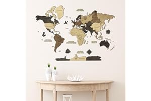 Creatifwood Mapa mundi madera 2D con Nombres Grabados de Países y estados para Marcar Viajes. Mapa mundi pared de madera multicapa Decoración Dormitorio y Oficinas. (Multicolor, 80L x 55l cm)