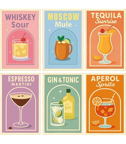 Set Da 6 Dipinti Con I Numeri Per Adulti - Bicchieri Da Cocktail Su Tela 30x20 Cm - Kit Completo Con Pennelli E Colori