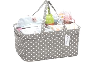 Hinwo Baby Diaper Caddy 3-Compartment Infant Nursery Tote Storage Bin Portable Car Organizer Newborn Shower Gift Basket with Detachable Divider and 10 Invisible Pockets for Diapers & Wipes (Grey Dot)