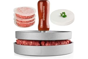 Andrew James Quarter Pounder Hamburger Maker | Cast Aluminium Burger Press and Meat Tenderiser with Wooden Handle | Includes 100 Wax Paper Discs