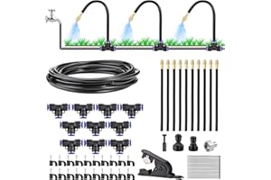 LPRAER Automatic Drip Irrigation Kit 33FT - DIY Garden Watering System with 10Pcs 360° Adjustable Bendable Brass Mist Nozzles, Faucet Adapter, Hose & Cutters for Greenhouse Yard Cooling Humidifying