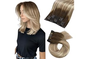 Moresoo Extension Cheveux Naturel Clip Ombre Brun à Brun Clair avec Blond Moyen Extension Clip Cheveux Humain Balayage #3/8/22 35 cm 5 Pièces 80g