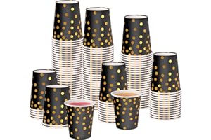 CEILIWEN Confezione da 100 bicchieri di carta da festa in oro nero, 9 oz/250 ml, per bevande calde e fredde (nero e oro)