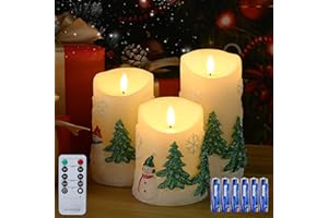 EXTSUD Lot de 3 Bougies LED Sans Flamme en Vraie Cire avec Gravure de Bonhomme de Neige et Sapin de Noël, Bougie Électrique à Piles avec Télécommande, Décoration pour Noël et Fêtes