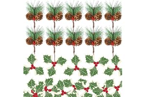 TUPARKA Set de 24 Piezas de selecciones Artificiales de Bayas de Acebo y selecciones de Cono de Pino de Navidad, Incluye 12 Piezas de selecciones de Bayas Rojas y 12 Piezas de de Pino para Caja