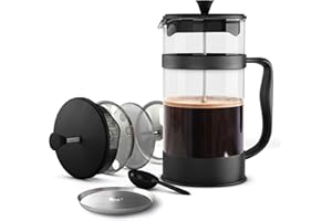 KICHLY French Press Macchina Caffe', Macchina per Espresso e te' con tripli filtri, vetro resistente al calore con stantuffo in acciaio (350 ml, Nero)