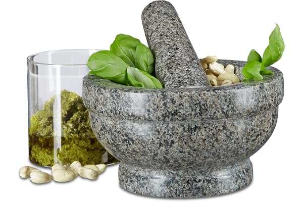 Relaxdays Mortier et pilon en granit poli pierre naturelle 17 cm diamètre pour épices cuisine, gris