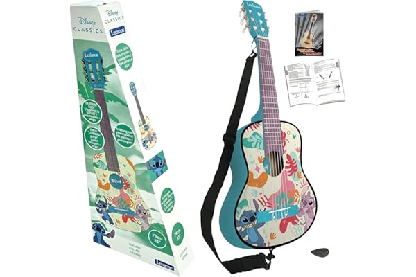 Lexibook, Disney Stitch, Ma première Guitare Acoustique en Bois, 6 Cordes en Nylon, 78 cm, Guide d'apprentissage, médiator et Sangle fournis, Bleu, K2000D