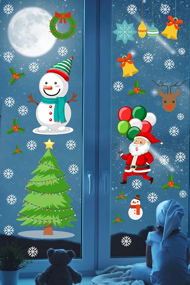 Yılbaşı Sticker Noel Baba Pencere Süsleri ve Kar Taneleri Temalı Pencere Sticker