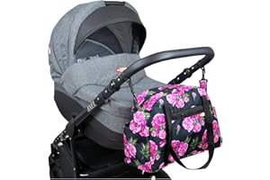 BabyLux Wickeltasche COLORFUL Kinderwagen Buggy Große Handtasche Babytasche mit Befestigung für Mutter Handtasche (77. Schwarz + Päonien)