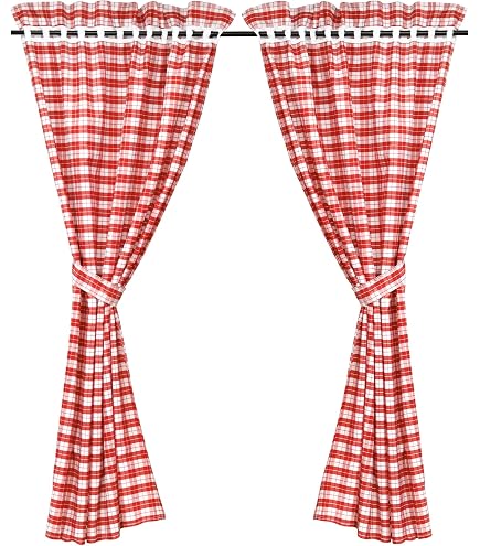 Yaland Geruite Gordijnen Landelijke Stijl 100x100 Cm Rood - 2 Stuks Met Stropdassen