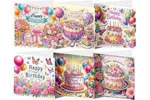 Biglietti di Compleanno con Pittura di Diamanti, CAYUDEN 6 Confezioni Pittura Diamante Biglietti di Buon DIY Torta di Compleanno con Biglietti di Auguri con Busta Birthdady Card per Amici, Famiglia