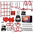 F7F9 Ninja Warrior Obstacle Course for Kids Backyard with A Pair of Knee Pads, 60’ Ninja Slackline and Slackline Protective Tube with Unique Obstacles Climbing Net, Ninja Wheel, Monkey Bars, Gym Rings