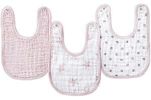 aden + anais essentials - Pack de 3 bavoirs à boutons-pression pour bébé prélavés en mousseline 100% coton - Bavoir très absorbant - Facile à ajuster - Fille - Imprimé Doll - 23 cm x 34 cm