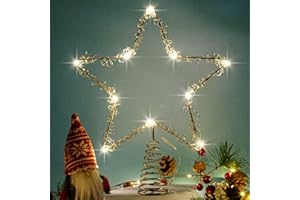 LAWOHO Estrella de Adorno para árbol de Navidad Estrella de Cinco Puntas Plateada de 10 Pulgadas con Decoración de Temporizador para Fiestas Navideñas en Casa, Aptas para árboles de Navidad de Tamaño General