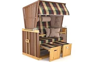 Sanzaro Strandkorb XL 120 cm Deluxe Zweisitzer | Holz und Poly-Rattan | Sylt Ostsee Volllieger | inkl. 4 Kissen klappbare Rückenlehne | Rot-Beige-Grün Karo