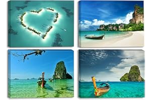 Piy Painting Impression sur Toile, de Belle Vue sur la Plage Prêt Suspendu Peinture Ciel Bleu Bateau Romance Tableau Peinture pour Art Déco Murale Salle de Bain Cadeau de Noël Anniversaire 4x30x40cm