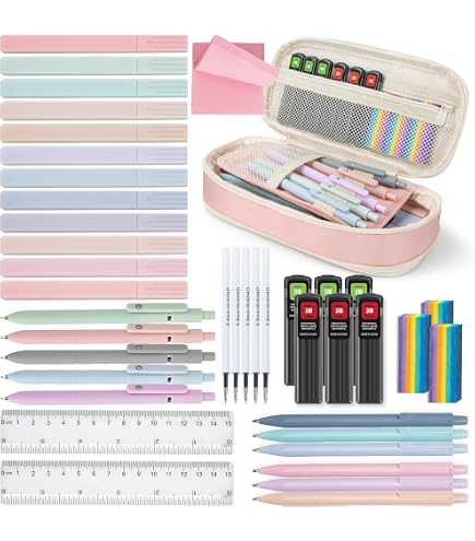 Aesthetic School Supplies MoKo 60-Piece Set - Pastel Highlighters, Pens & Pencil Case Pastel Stationery Set
