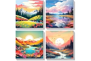 MOGTAA 4 Pack Paysage Peinture par Numéros Encadré, Montagnes et rivières Acryliques Peinture par Numéros pour Adultes Enfants, Peinture par Numéros avec Pinceaux pour Décoration de la maison 20x20cm