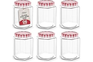 ZENO Glass Jam Jars 250ml | Glass Preserve Pots with Screw Top Red Gingham Lids | Airtight Pickle Jars | Homemade Jam | Marmalade & Chutney Jar | 6 Pack