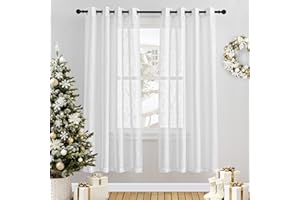 PONY DANCE Cortinas Blancas Translúcidas con Ojales, Visillos Cortos con Aspecto de Lino para Cocina/Salon Modernas/Dormitorio 2 Piezas, 132x158cm(AnxAl)