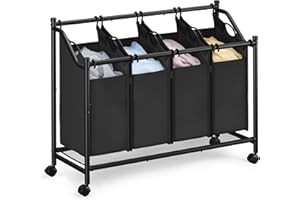 SONGMICS Kosz na bieliznę na kółkach, pojemnik na pranie z 4 wyjmowanymi workami na pranie, do pomieszczenia gospodarczego, sypialni, łazienki, 4 x 45 L, czarny RLS103B01