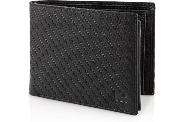 KRONIFY Carteras para Hombre - Cartera de Hombre de Piel Auténtica, con Bloqueador RFID, 13 Compartimentos para Tarjetas, con Cremallera，Bolsillo para Monedas, Caja de Regalo, Carbono