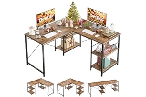 Bestier Escritorio en Forma de L con Estantes Escritorio de Esquina Reversible Mesa Larga Industrial de 220 cm Escritorio Estable Estación de Trabajo para Computadora con 3 Orificios para Cables
