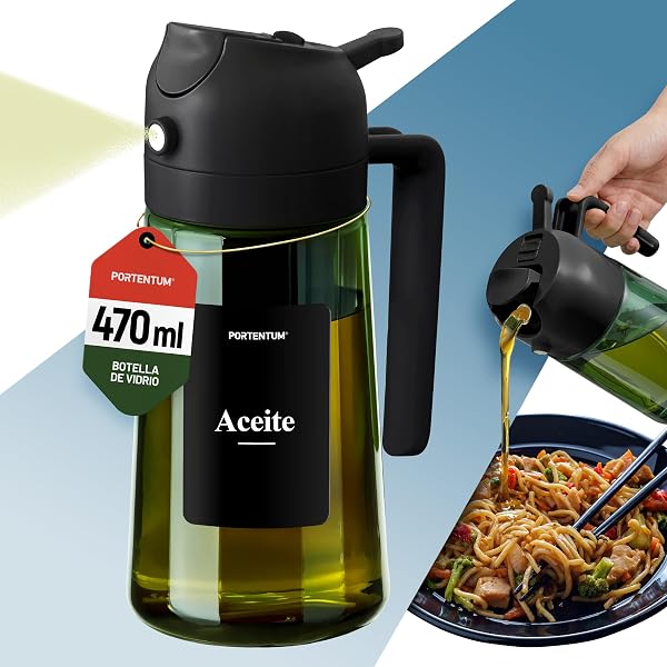 PORTENTUM Pulverizador aceite spray 470 ml 2 en 1 con función spray y vertido – Aceitera antigoteo vidrio verde con protección a la luz – Con etiquetas multidioma – Air fryer ensaladas y parrilla - 1
