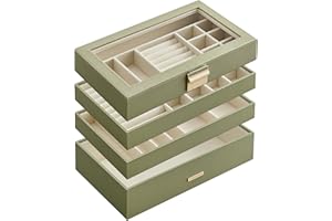 ‎SONGMICS SONGMICS Pudełko na biżuterię 4 Poziomy, Taca na biżuterię do układania w stosy, Duże pudełko na biżuterię, 17 x 28 x 18,3 cm, Pudełko na biżuterię w szufladzie, Laurel Green JBC164C02