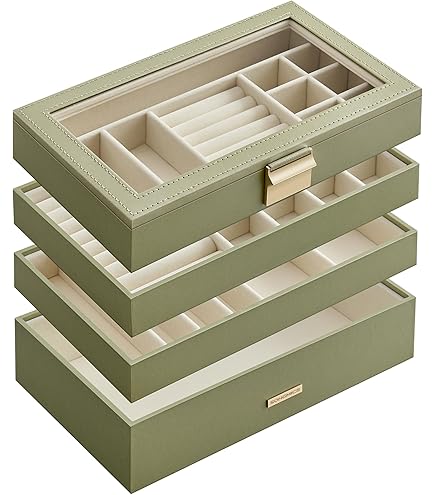 SONGMICS Sieradendoos 6 lagen Sieradendoos met Glazen Deksel 5 Laden Zonnebrillen Grote Sieraden Sieradenopslag Modern Duif Grijs Goud JBC171G01