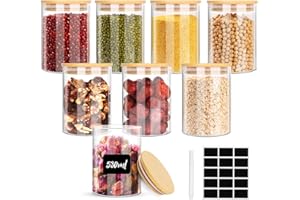 Ezvsevuo 8pcs Tarros de Cristal con Tapa, 530ml Botes Cocina Almacenaje, Tarros Cristal Hermeticos con Tapa Bambú, Recipientes de Cristal para Alimentos, Pasta, Cereales, Legumbres, Café