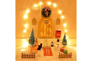 aifulo Wichteltür Zubehör Weihnachten Set, 25PCS Wichteltür Komplettset mit Nissedor Miniatur Holz Wichtel Tür, Schneemann, Briefkasten, Stiefel, Elche, Zaun, Weihnachtsdeko für Kinder Geschenke