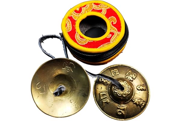 Gandhanra Ensemble de clochettes tibétaines Tingsha – Cymbales tibétaines – Fabriqué en laiton, motif OM Mani Padme Hum, 6,5 cm / 2,6 pouces
