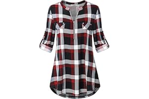 Lalala Damen V-Ausschnitt 3/4 Ärmel Bluse Einfarbig Kariertes Hemd Reißverschluss Tunika Tops Longshirt Hemd T-Shirt