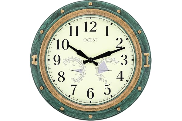 OCEST Horloges de jardin étanches de 40,6 cm, grand thermomètre, hygromètre, design rétro, sans tic-tac à piles, décoration pour décoration d'intérieur, terrasse (vert)