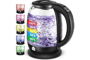 FOR ME Glas Elektrisk Vattenkokare med Tesil 1,8L, Temperaturkontroll, Temperaturval 40°C till 100°C, LED-Belysning i 5 Färge