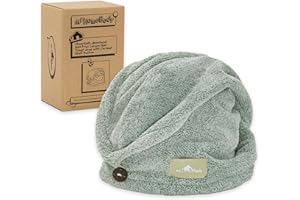 myHomeBody - Asciugamano per capelli con turbante anti-crespo, ad asciugatura rapida, ultra morbido e ad asciugatura rapida, in fibra di bambù assorbente, con pulsante di cocco – Pine Green