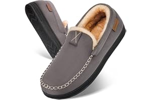LongBay Men's Moccasin Slippers Memory Foam Warm Comfy Fluffy Faux Fur House Shoes with Indoor Outdoor Rubber Sole