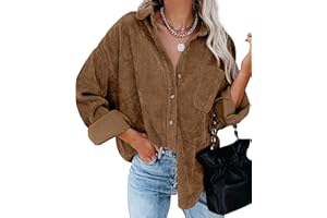 QIXING Womens Corduroy Oversized Shacket Button Down Boyfriend Shirts V Neck Cotton Long Sleeve Blouses with Pocket Casual Work Jacket for Women UK Ladies Tops Autumn Winter