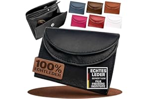 FLEXIBILITE® Kleines Portemonnaie Damen aus Echtleder – Mini Geldbörse mit RFID Schutz – 9 x 7 x 2 cm – Kompakte Börse 2 Kartenfächern & Münzfach – Portmonee für Herren Kinder – Schwarz