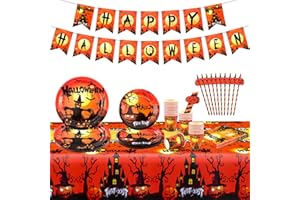 Dekewe 62 Pcs Vaisselle de Fête Halloween Anniversaire Kit Decoration Assiette Jetable Anniversaire Nappe Assiettes Tasse Serviettes Bannière Fournitures de Fête pour 10 Personnes