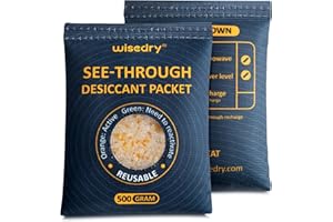 Wisedry Sacs de gel de silice transparents [2 x 500g], sacs déshydratants avec indicateur de couleur, réutilisables, déshumidification sûre, sacs de déshumidification résistants à la chaleur