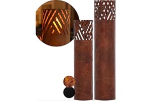 BENTSON Lantern Column, Set of 2, Decorative Column for Garden in Rust Industrial Design, Garden Lantern for Outdoor and Indoor Use, Rust Lantern Including Candles, Stripes, 95 cm + 75 cm