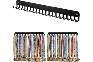 KoMvzyl 2-pack metallsport maraton medaljhängare display med 20 st hängande krokar över 40 medaljer lätt att installera hyllhylla väggmontering utmärkelser plakat för gymnastik löpning maraton fotboll
