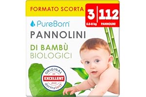 PureBorn 112 Pannolini Taglia 3 (5-8 kg), Ipoallergenico, Ultra assorbente, Pannolini 4-7mesi, Dermatologicamente testato, Protezione completa, pannolino di alta qualità naturali bambù