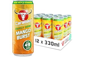 Carabao Energy Drink Mango Burst, 12 x 330ml Cans Case, Low Calorie, Lower Sugar, Fizzy Fruit Flavour, Vegan, Gluten Free Drink, B Vitamins, Taurine, Caffeine with Zero Crash, Bulk Crates, Multipack